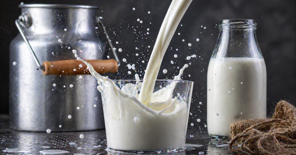 Наливане на прясно мляко в чаша с разпръскване, до метален съд и бутилка