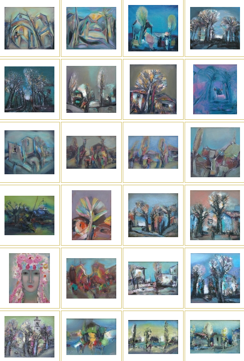 Колекция от картини на Цветанка Грънчарова, включваща пейзажи, дървета, сгради и портрети от юбилейната изложба в Благоевград